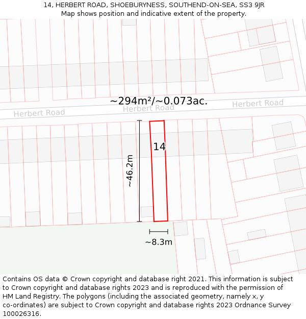 14, HERBERT ROAD, SHOEBURYNESS, SOUTHEND-ON-SEA, SS3 9JR: Plot and title map