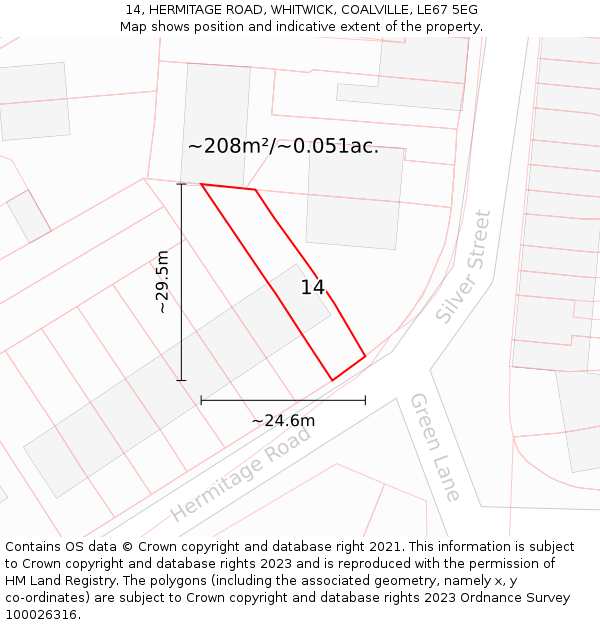 14, HERMITAGE ROAD, WHITWICK, COALVILLE, LE67 5EG: Plot and title map