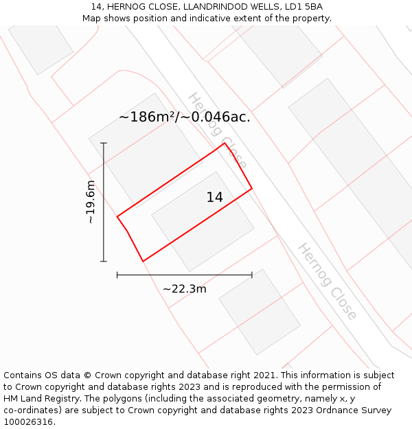 14, HERNOG CLOSE, LLANDRINDOD WELLS, LD1 5BA: Plot and title map