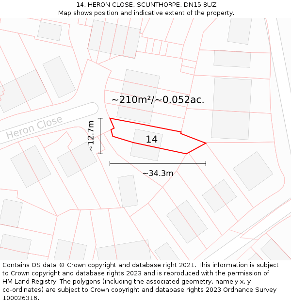14, HERON CLOSE, SCUNTHORPE, DN15 8UZ: Plot and title map