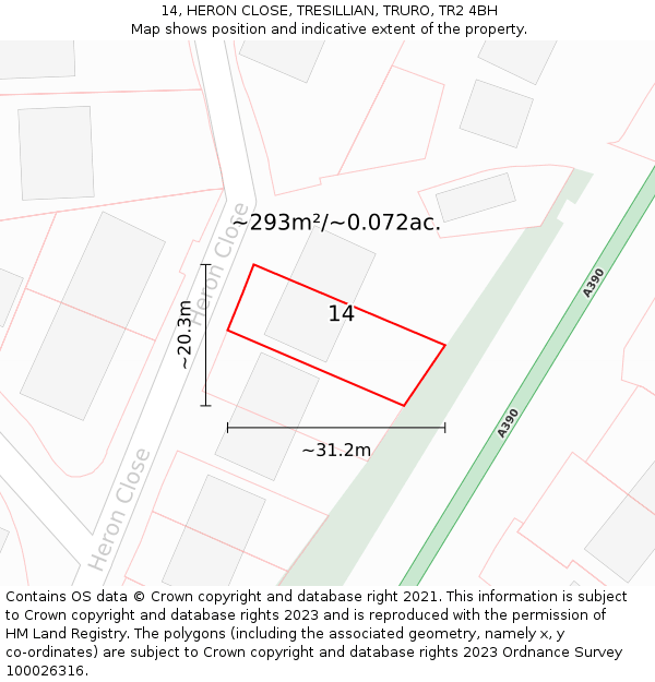 14, HERON CLOSE, TRESILLIAN, TRURO, TR2 4BH: Plot and title map