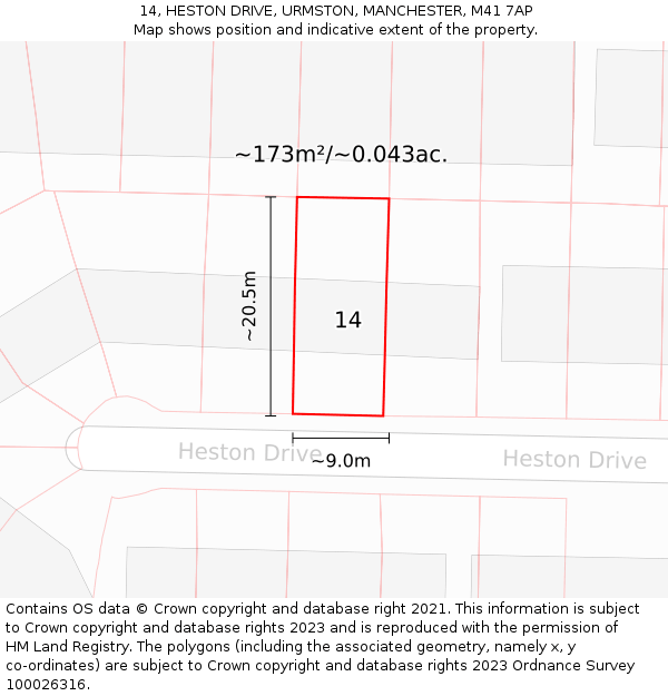 14, HESTON DRIVE, URMSTON, MANCHESTER, M41 7AP: Plot and title map