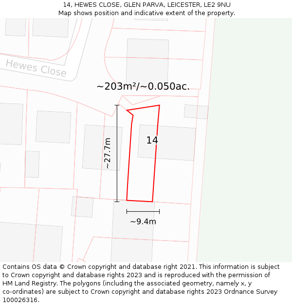 14, HEWES CLOSE, GLEN PARVA, LEICESTER, LE2 9NU: Plot and title map