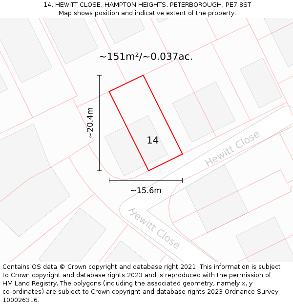 14, HEWITT CLOSE, HAMPTON HEIGHTS, PETERBOROUGH, PE7 8ST: Plot and title map