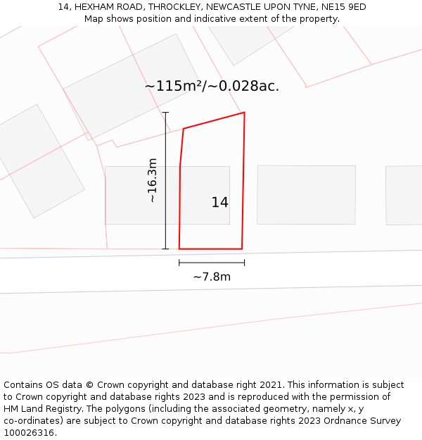 14, HEXHAM ROAD, THROCKLEY, NEWCASTLE UPON TYNE, NE15 9ED: Plot and title map