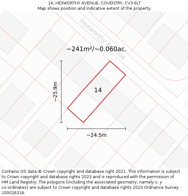 14, HEXWORTHY AVENUE, COVENTRY, CV3 6LT: Plot and title map