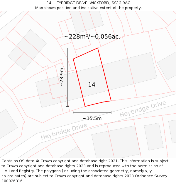 14, HEYBRIDGE DRIVE, WICKFORD, SS12 9AG: Plot and title map