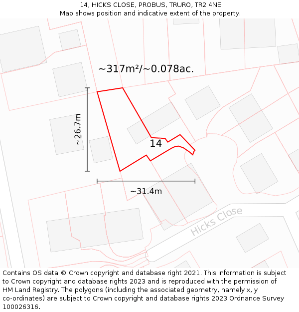 14, HICKS CLOSE, PROBUS, TRURO, TR2 4NE: Plot and title map