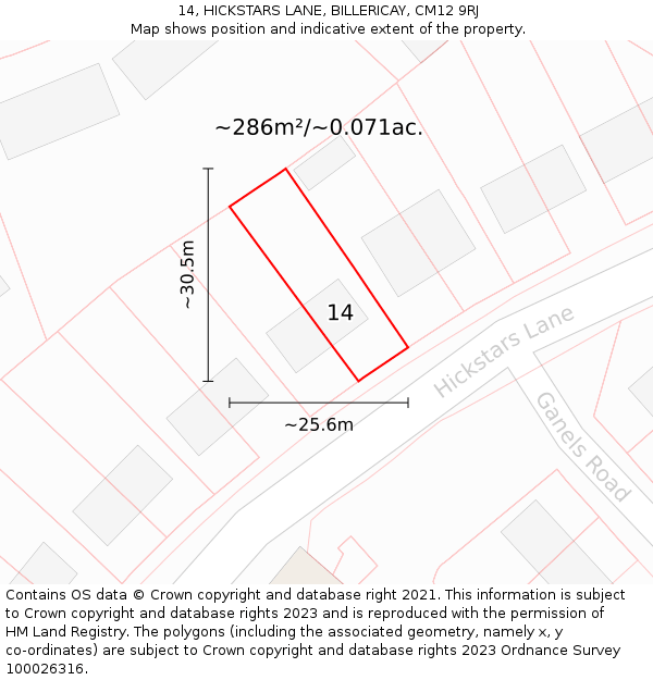 14, HICKSTARS LANE, BILLERICAY, CM12 9RJ: Plot and title map