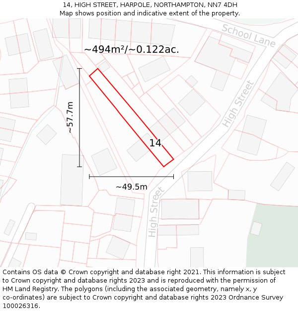 14, HIGH STREET, HARPOLE, NORTHAMPTON, NN7 4DH: Plot and title map