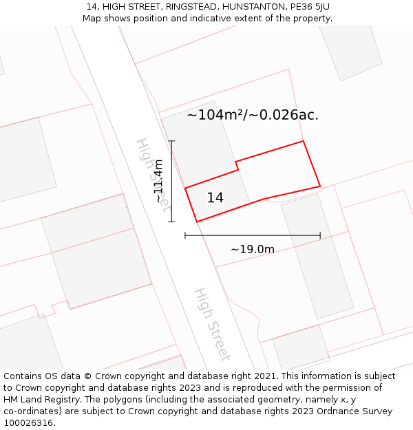 14, HIGH STREET, RINGSTEAD, HUNSTANTON, PE36 5JU: Plot and title map