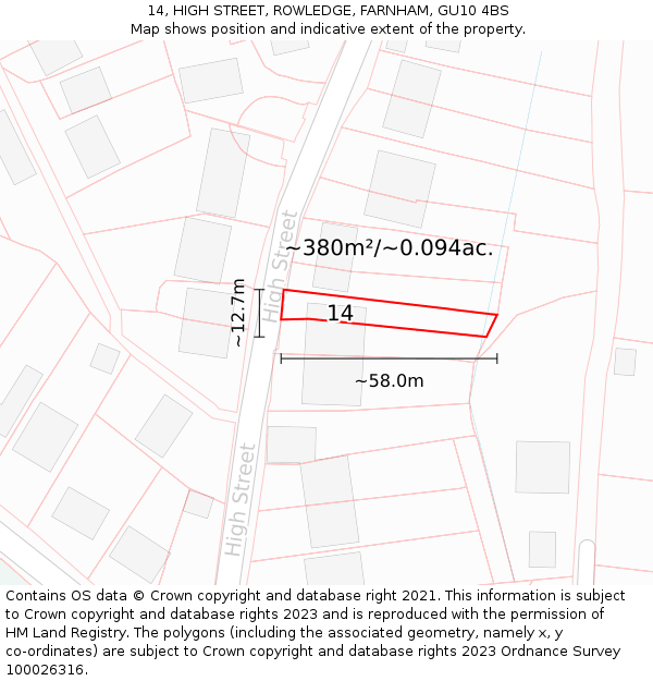 14, HIGH STREET, ROWLEDGE, FARNHAM, GU10 4BS: Plot and title map