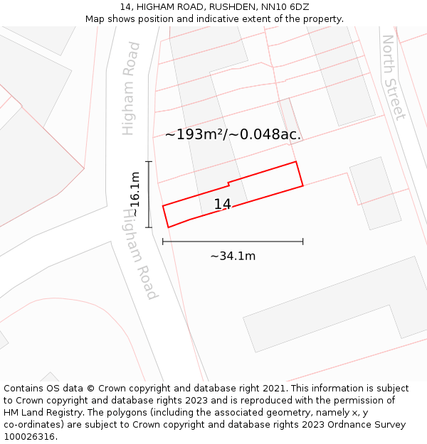 14, HIGHAM ROAD, RUSHDEN, NN10 6DZ: Plot and title map