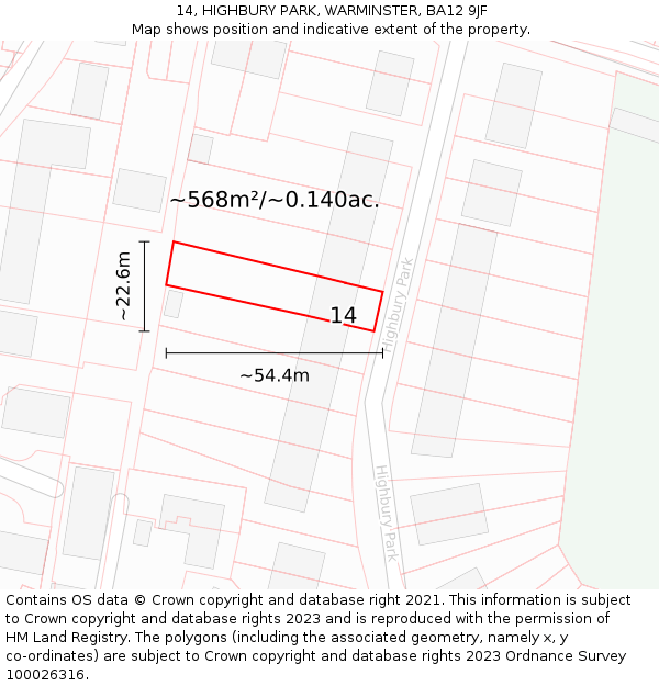 14, HIGHBURY PARK, WARMINSTER, BA12 9JF: Plot and title map