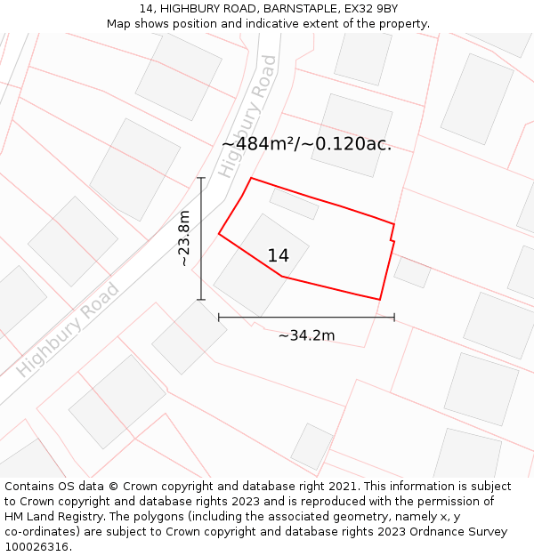 14, HIGHBURY ROAD, BARNSTAPLE, EX32 9BY: Plot and title map