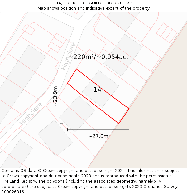 14, HIGHCLERE, GUILDFORD, GU1 1XP: Plot and title map