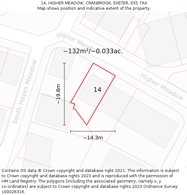 14, HIGHER MEADOW, CRANBROOK, EXETER, EX5 7AX: Plot and title map