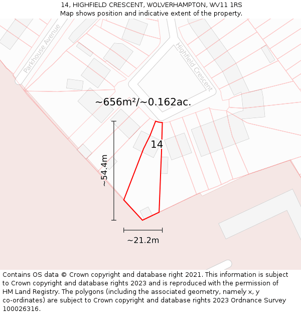 14, HIGHFIELD CRESCENT, WOLVERHAMPTON, WV11 1RS: Plot and title map