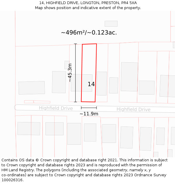 14, HIGHFIELD DRIVE, LONGTON, PRESTON, PR4 5XA: Plot and title map