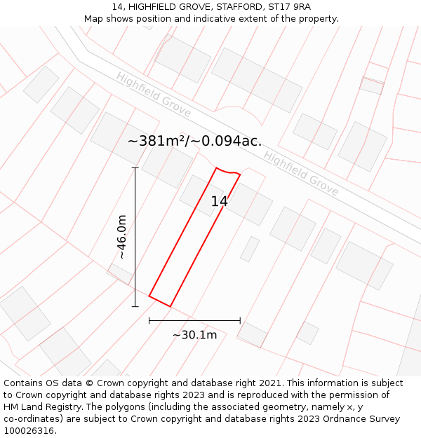 14, HIGHFIELD GROVE, STAFFORD, ST17 9RA: Plot and title map