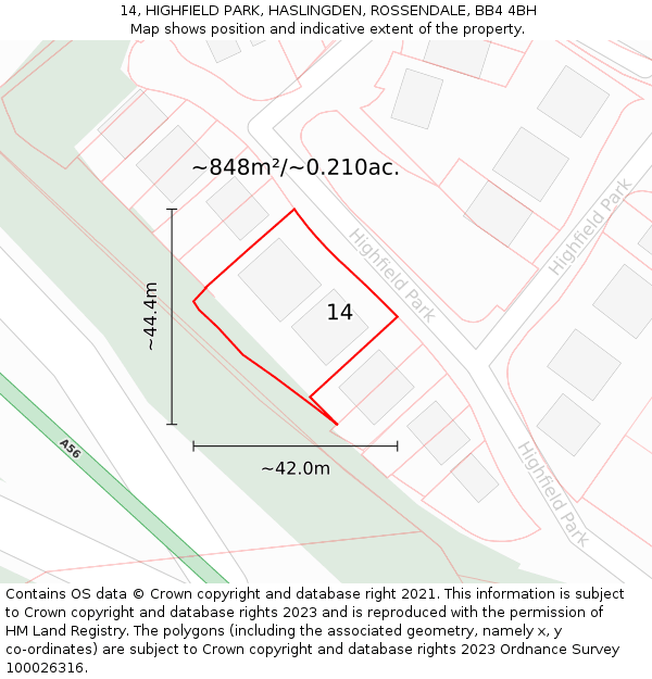 14, HIGHFIELD PARK, HASLINGDEN, ROSSENDALE, BB4 4BH: Plot and title map