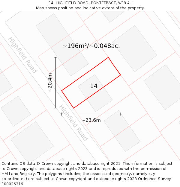 14, HIGHFIELD ROAD, PONTEFRACT, WF8 4LJ: Plot and title map
