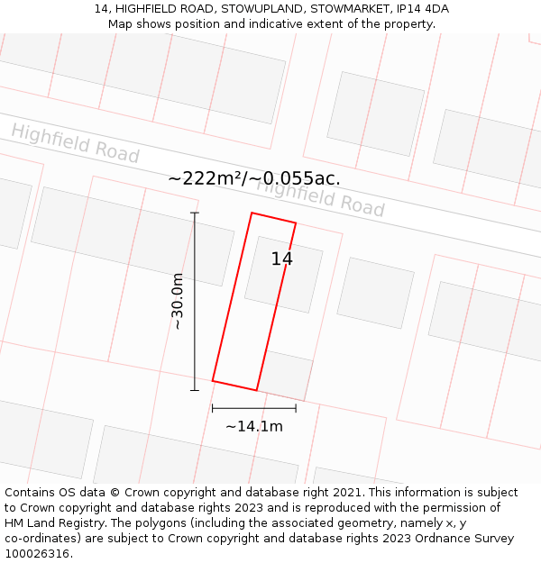 14, HIGHFIELD ROAD, STOWUPLAND, STOWMARKET, IP14 4DA: Plot and title map