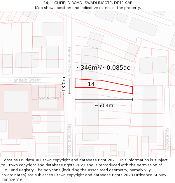 14, HIGHFIELD ROAD, SWADLINCOTE, DE11 9AR: Plot and title map