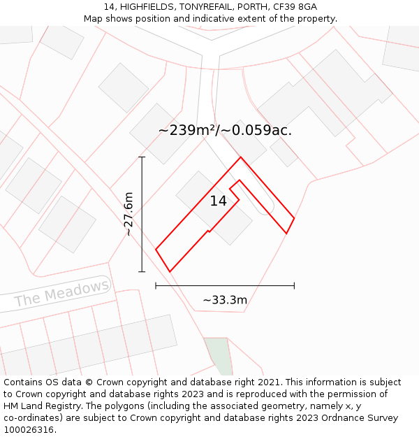14, HIGHFIELDS, TONYREFAIL, PORTH, CF39 8GA: Plot and title map