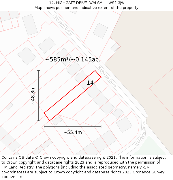 14, HIGHGATE DRIVE, WALSALL, WS1 3JW: Plot and title map