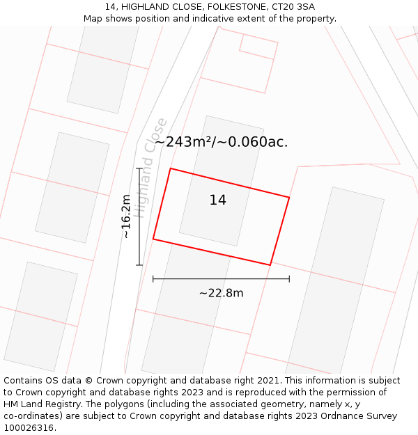 14, HIGHLAND CLOSE, FOLKESTONE, CT20 3SA: Plot and title map