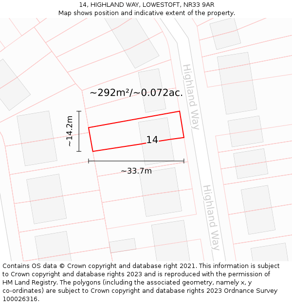 14, HIGHLAND WAY, LOWESTOFT, NR33 9AR: Plot and title map