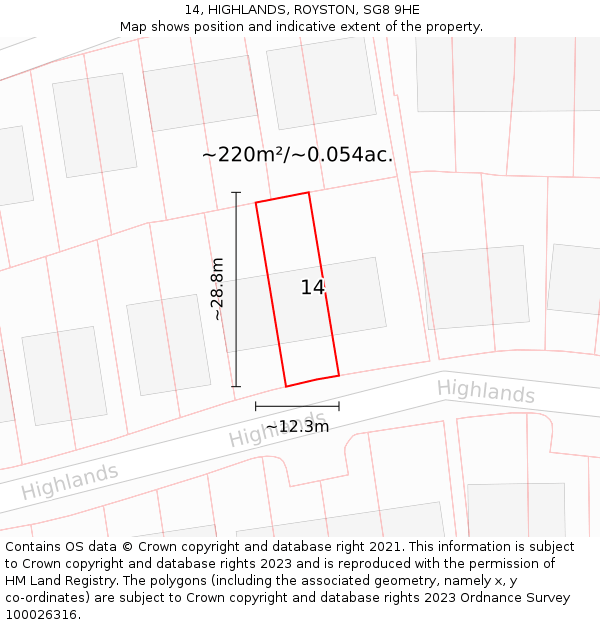 14, HIGHLANDS, ROYSTON, SG8 9HE: Plot and title map