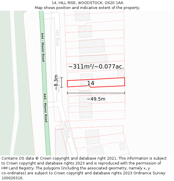 14, HILL RISE, WOODSTOCK, OX20 1AA: Plot and title map