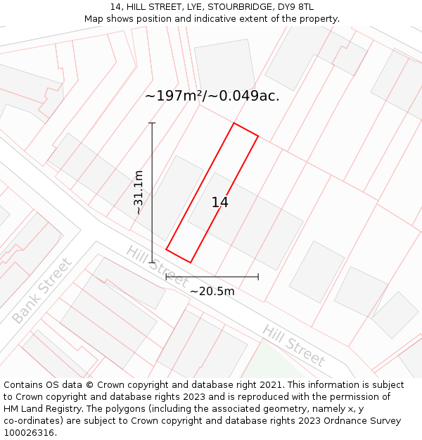 14, HILL STREET, LYE, STOURBRIDGE, DY9 8TL: Plot and title map