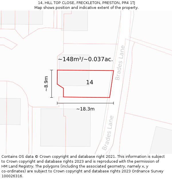 14, HILL TOP CLOSE, FRECKLETON, PRESTON, PR4 1TJ: Plot and title map