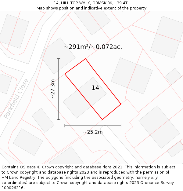 14, HILL TOP WALK, ORMSKIRK, L39 4TH: Plot and title map