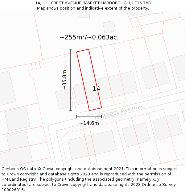 14, HILLCREST AVENUE, MARKET HARBOROUGH, LE16 7AR: Plot and title map