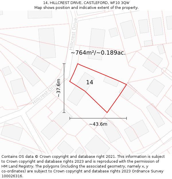14, HILLCREST DRIVE, CASTLEFORD, WF10 3QW: Plot and title map
