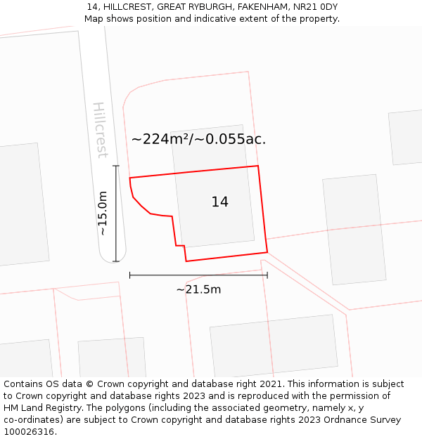 14, HILLCREST, GREAT RYBURGH, FAKENHAM, NR21 0DY: Plot and title map