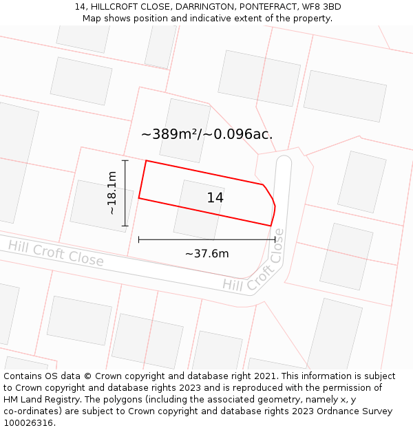 14, HILLCROFT CLOSE, DARRINGTON, PONTEFRACT, WF8 3BD: Plot and title map