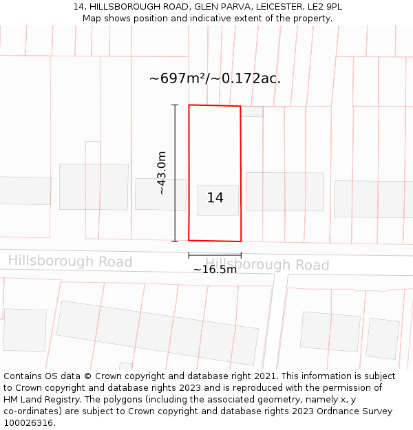 14, HILLSBOROUGH ROAD, GLEN PARVA, LEICESTER, LE2 9PL: Plot and title map
