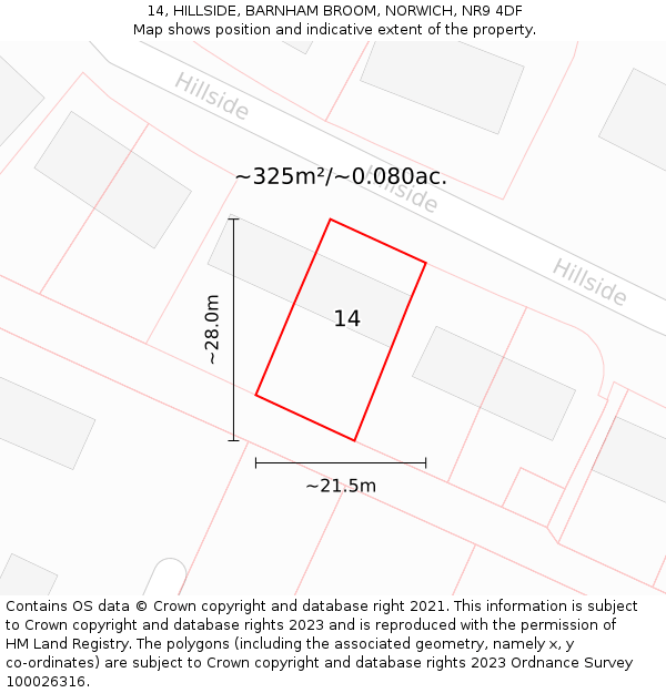 14, HILLSIDE, BARNHAM BROOM, NORWICH, NR9 4DF: Plot and title map