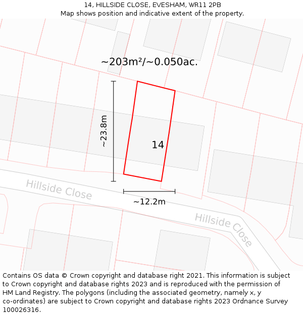 14, HILLSIDE CLOSE, EVESHAM, WR11 2PB: Plot and title map