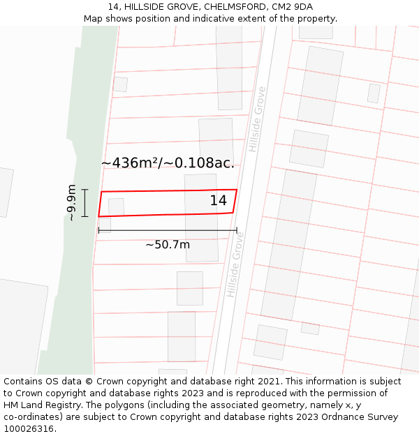 14, HILLSIDE GROVE, CHELMSFORD, CM2 9DA: Plot and title map