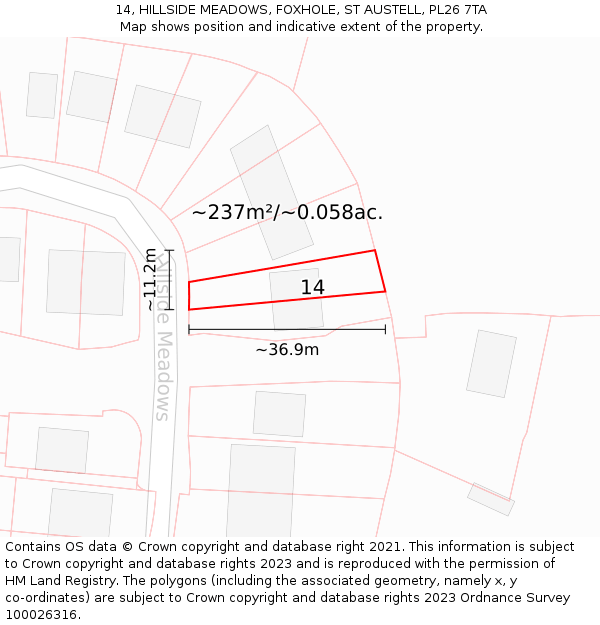 14, HILLSIDE MEADOWS, FOXHOLE, ST AUSTELL, PL26 7TA: Plot and title map
