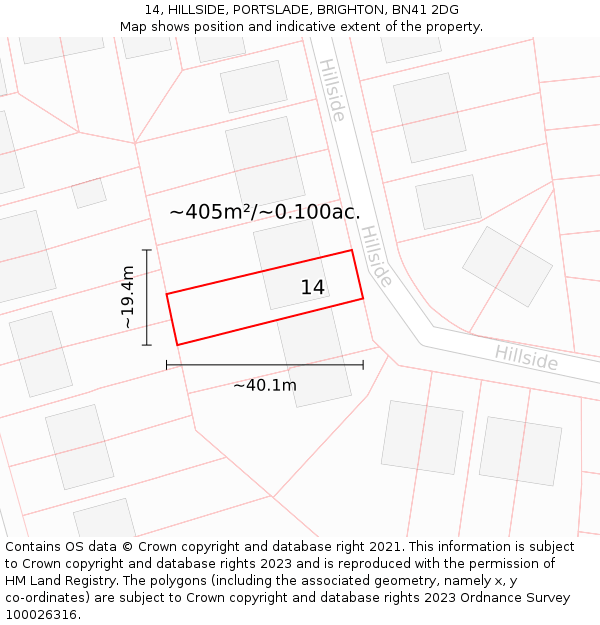 14, HILLSIDE, PORTSLADE, BRIGHTON, BN41 2DG: Plot and title map