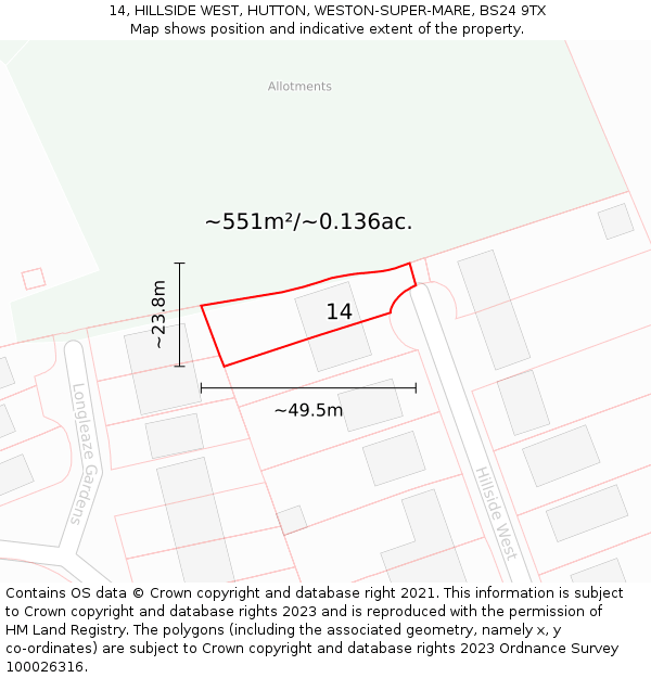14, HILLSIDE WEST, HUTTON, WESTON-SUPER-MARE, BS24 9TX: Plot and title map