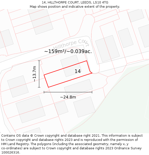 14, HILLTHORPE COURT, LEEDS, LS10 4TG: Plot and title map