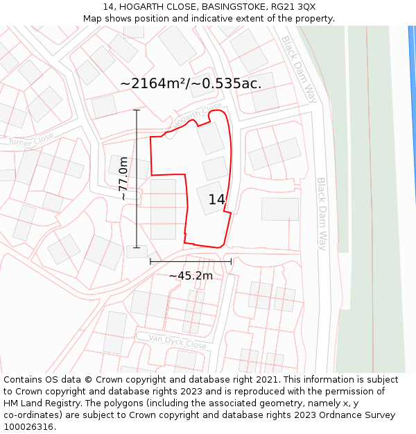 14, HOGARTH CLOSE, BASINGSTOKE, RG21 3QX: Plot and title map